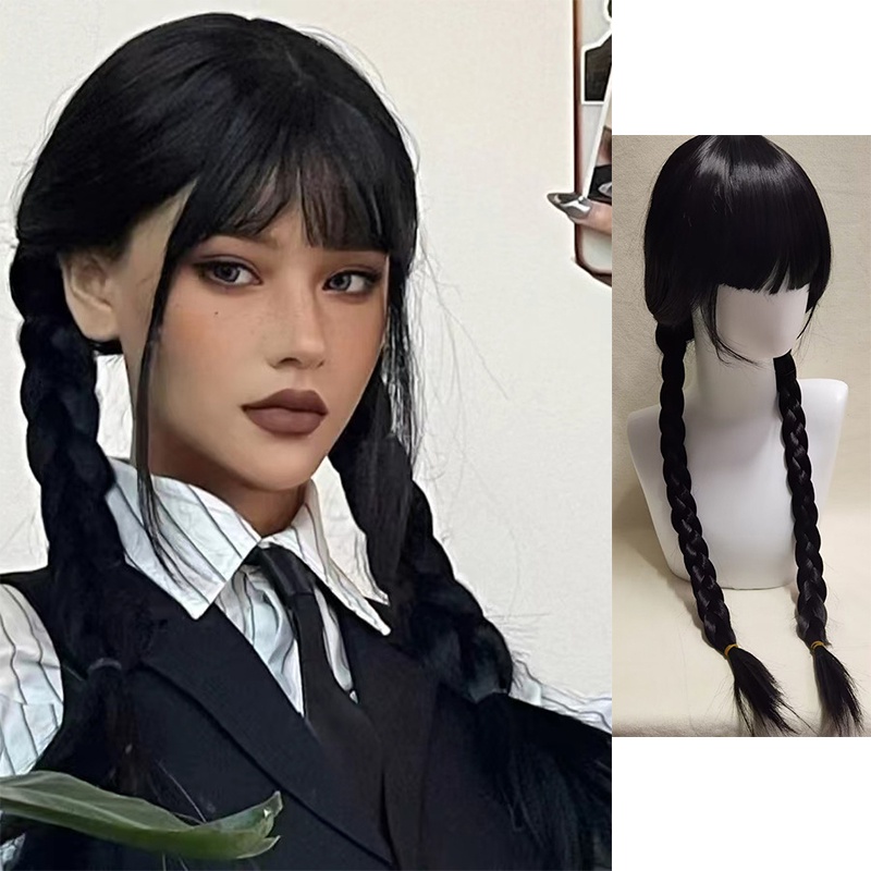 Peruca De Quarta-Feira Addams Preta Dupla Cauda De Pônei Cabeça Cheia Para Mulheres Cosplay De Halloween Homens