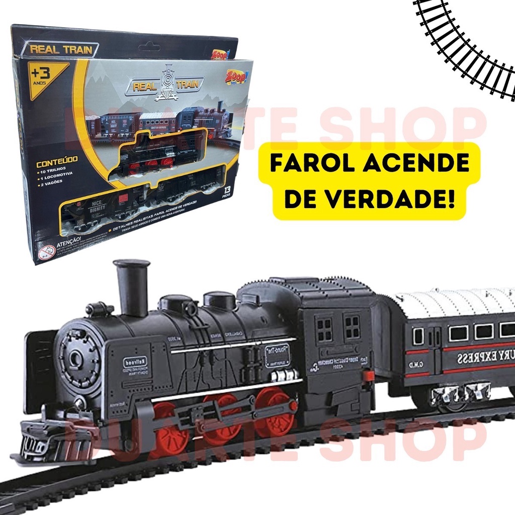 Pista Trem Locomotiva Infantil c/ 2 Vagoes Som e Luz dm Toys