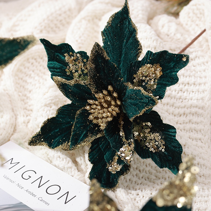 30cm Flor de Natal Flanela Verde Flor de Natal Novo Produto Simulação Flor de Natal Feita à mão Flor de Natal Glitter Sequins Flores de Natal Decorações de Natal