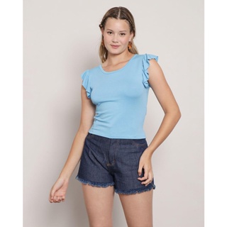 Blusa Feminina Manga Curta Com Babado Viscose Azul