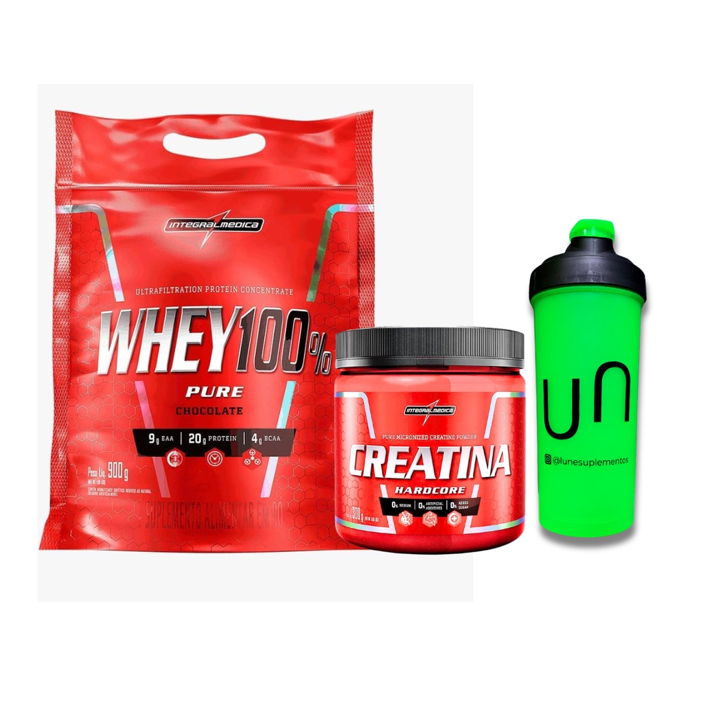 KIt Whey 100% Pure INTEGRALMEDICA + Creatina 100% de 300g INTEGRALMEDICA + Coqueteleira LUNE SUPLEMENTOS