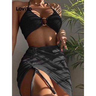 Lovito Conjuntos De Biquíni Sexy Com Cordão Liso Para Mulheres LNL36096 (Branco/Azul/Preto)