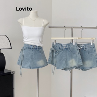 Lovito Shorts Jeans Casual com Bolsos e Amarração para Mulheres LNA17136 (Azul)