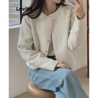 Lovito Casual Jaqueta Feminina Lisa com Botão LNE27191 (Branco)