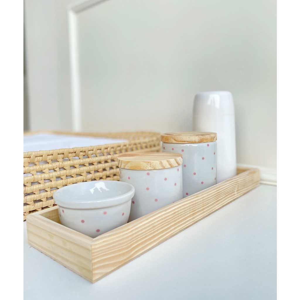 Kit Higiene Bebê Moderno Porcelana Poá Pinus Banho Cuidados