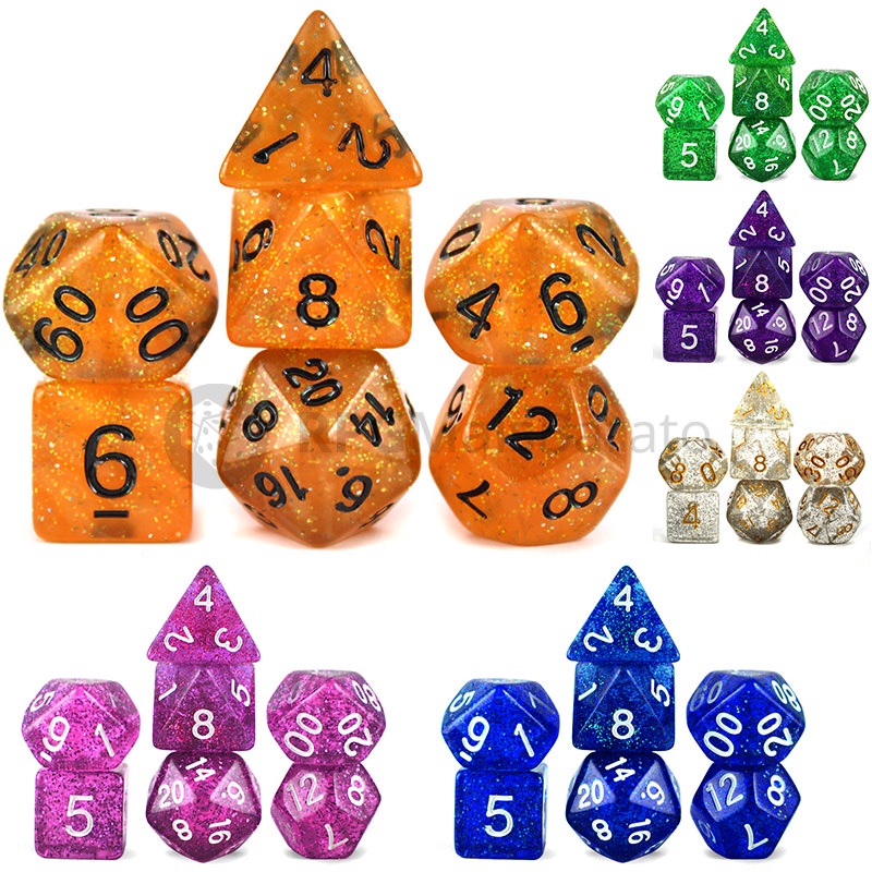 Conjunto 7 Dados Glitter - Translúcidos + Bolsa [RPG]