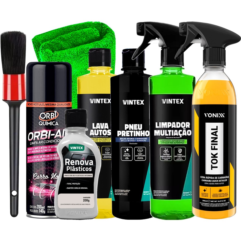 Kit Higienização Vonixx Vintex Tok Final Limpador Multiação Pneu Pretinho Lava Autos Orbi Limpa Ar Renova Plásticos