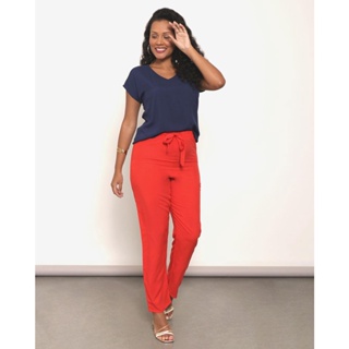 Calça Feminina Reta Viscose Amarração Vermelha