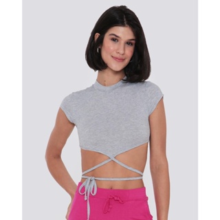Blusa Cropped Feminina Canelada Cinza