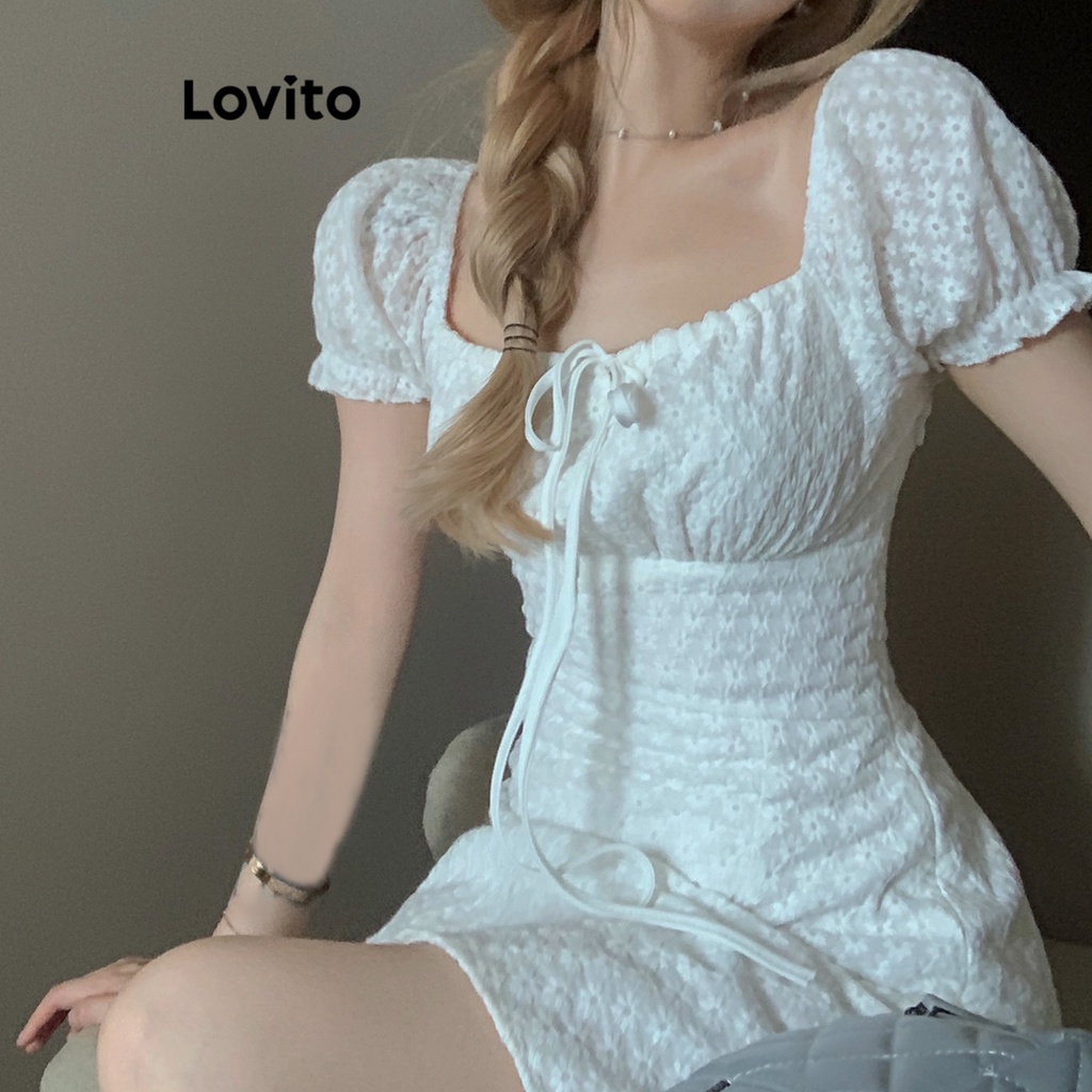 Lovito Vestido Feminino Casual Liso Com Renda E Renda Com Acabamento De Alface E Ilhós Bordado LNA19160 (Branco)