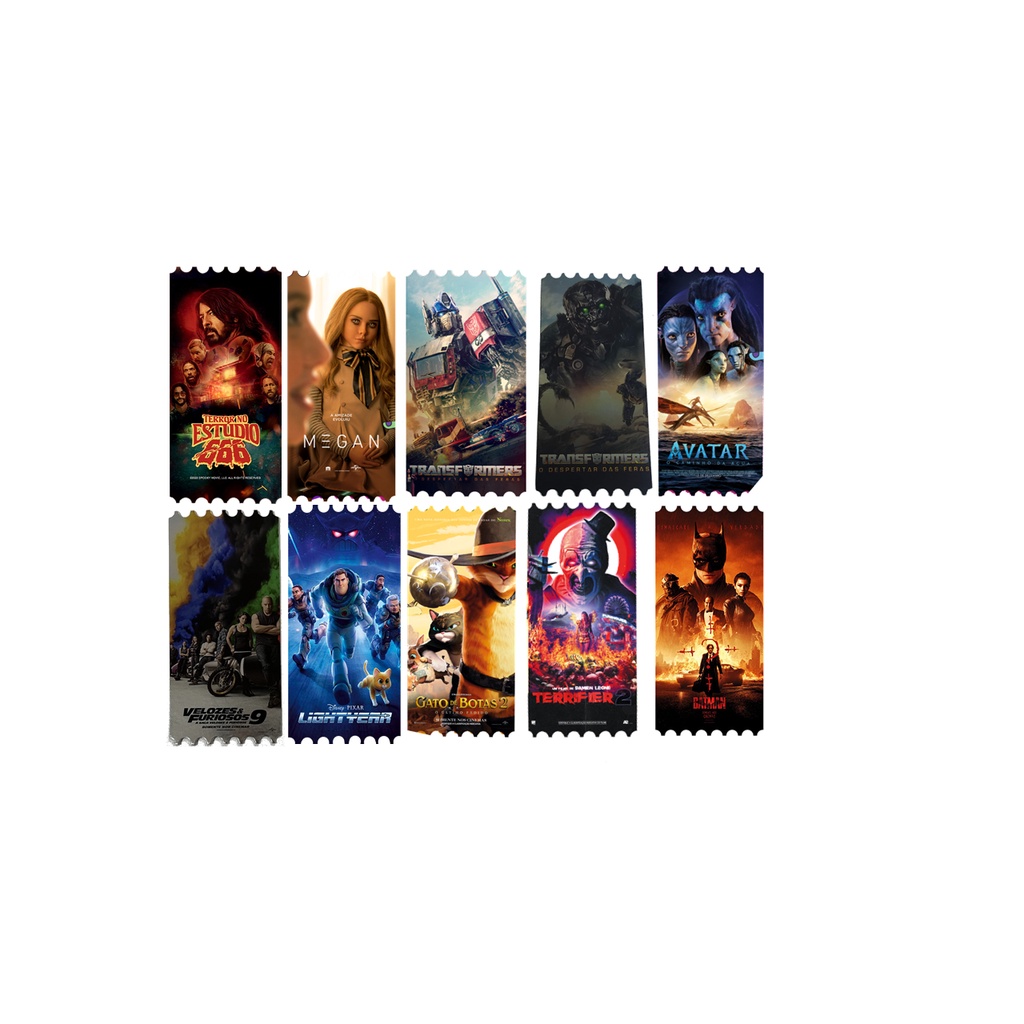 Kit 10 Ingressos Colecionáveis Cinemark Avatar Batman Velozes e Furiosos Transformers Buzz Terrifier Gato Megan 666