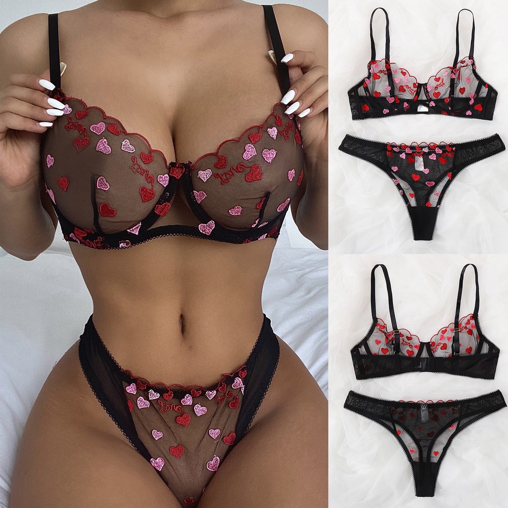 Moda rosa amor bordado de malha preta transparente conjunto de diversão