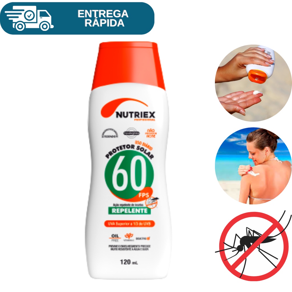 Protetor Solar Fps 60 Com Ação Repelente 120ml Nutriex 1/3 UVA UVB Bloqueador Solar Fator 60 Creme Proteção Insetos