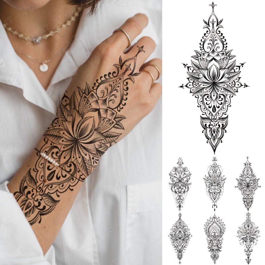 Impermeável Tatuagem Temporária Etiqueta Borboleta Lotus Lace Henna Flor  Flash Tatto Mulheres Homens Pintados À Mão Body Art Falso Tatuagens