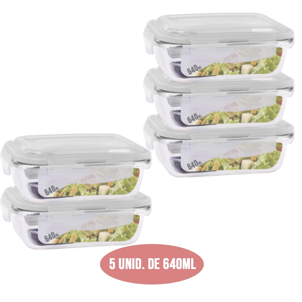Conjunto 5 Potes Vidro Marmita Fit Vedação 4 Travas 640ml