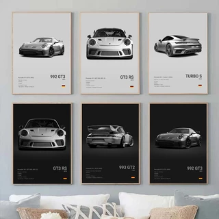 Pôsteres De Carros Esportivos De Luxo Alemão Preto E Branco Arte De Parede 911 GT3 RS Turbo Canvas Quadros De Pintura Para Decoração De Sala De Estar De Garagem