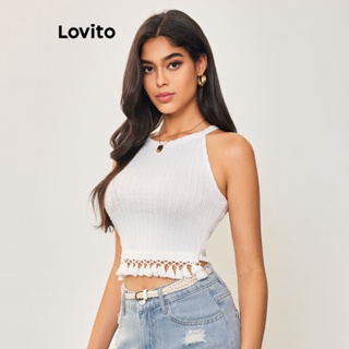 Lovito Casual Blusa Feminina Lisa com Costura no Tecido e Franja LBA05047 (Branco)