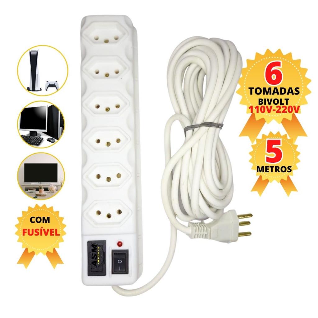 Filtro de Linha com 5 Metros de cabo Varios tamanhos Branco Regua Eletrica Bivolt Tripolar