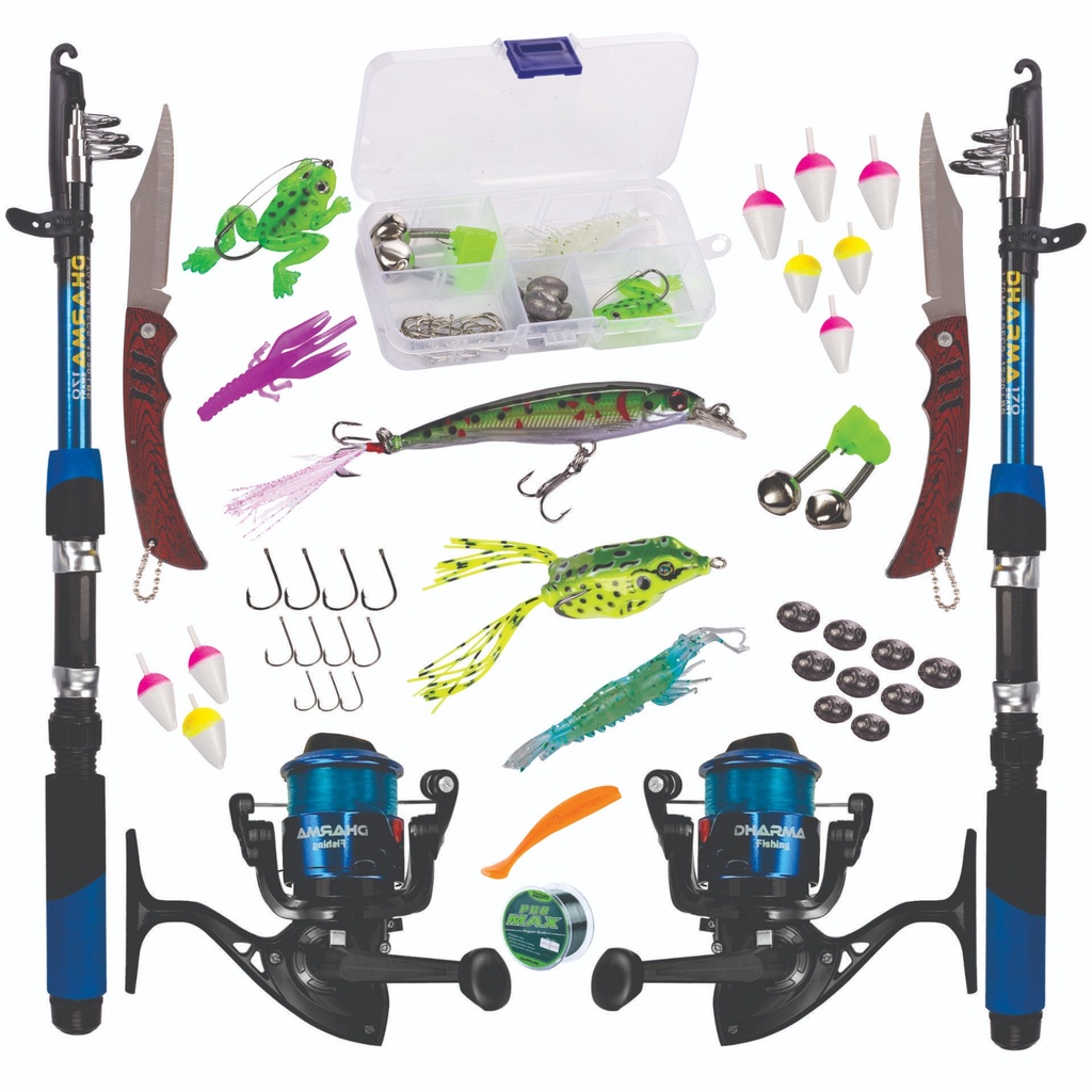 5 KIT DE PESCA C/2 VARAS + 2 MOLINETES + ISCAS + 2 CANIVETES + ITENS