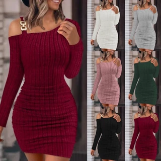 Mini Vestido Feminino De Manga Longa 2024 Novo Outono Inverno Preto Vermelho Sólido Metal Fivela Oblíqua Oferta Sexy Ombro Envoltório Hip Vestidos Curtos