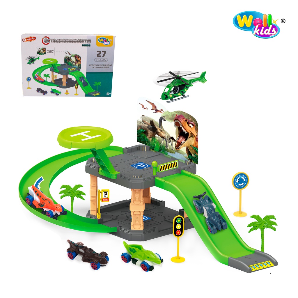 Brinquedo Pista Carrinhos Estacionamento Garagem Dino Policia Bombeiro Para Crianças Infantil 25 Peças