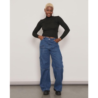 Calça Jeans Feminina Wide Leg Bolso Cargo Azul