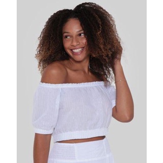 Blusa Feminina Cropped Ciganinha Listras Branca