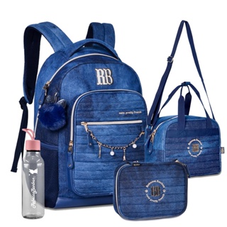 Kit Mochila Estojo Lancheira Termica Jeans Oficial Reforcada Garrafinha Original Adolescente Universitaria com Bolso Antifurto e Pompom RB Lancamento
