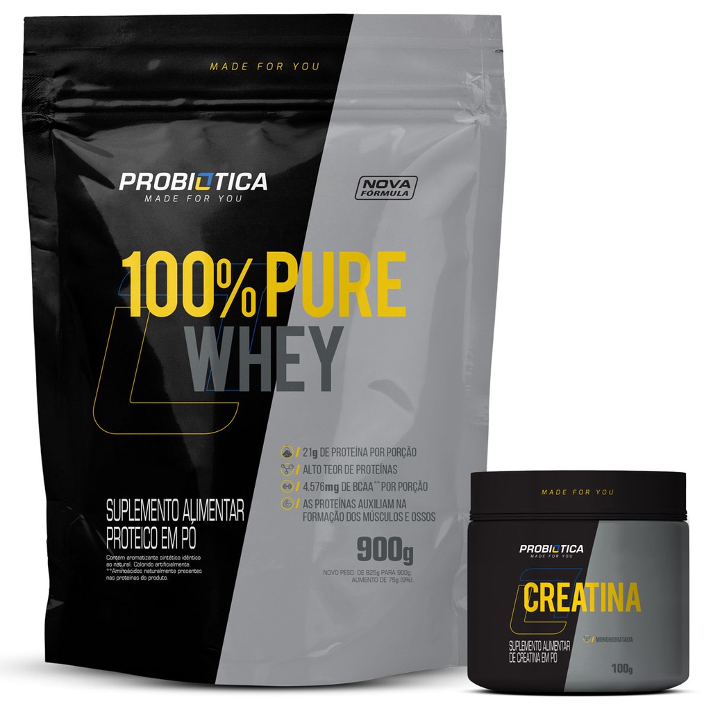 Kit Whey 100% Pure Refil 900g + Creatina Pura 100g - Probiotica