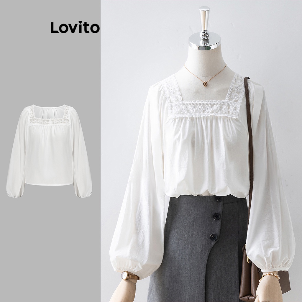 Lovito Casual Blusa Feminina Lisa de Renda com Gola Contrastante L68ED007 (Branca)