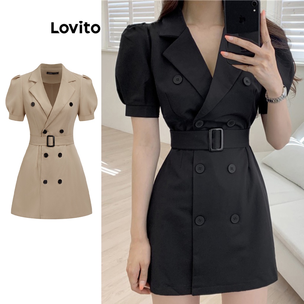 Lovito Elegante Vestido Feminino Liso de Manga Bufante com Cinto e Botão Frontal L71ED170 (Preto/Damasco)