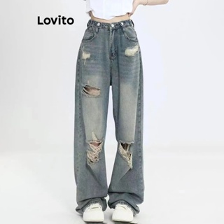 Lovito Calças Jeans com Detalhes de Rasgões de Gato para Mulheres LNE17197 (Azul)
