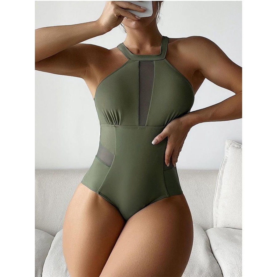 Maré 2023-One Piece Swimsuit Sólido Cor Sling Sexy Tight-Fitting Cover  Belly Mesh Biquíni