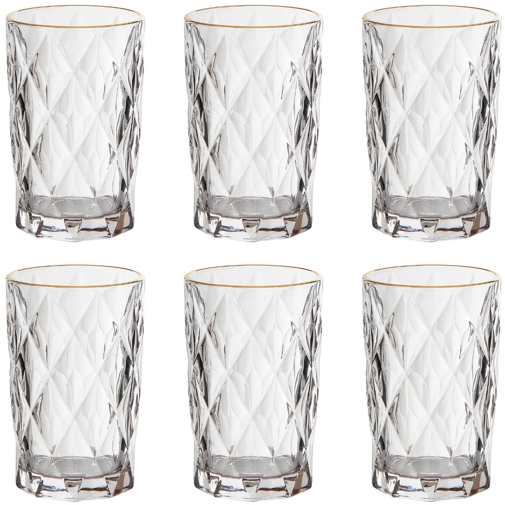 Jogo 6 Copos Altos 350ml Borda Dourada Diamond Clear Ke Home