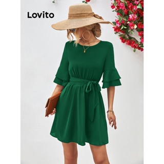 Lovito Vestido Elegante Com Mangas E Babados E Cinto Liso Para Mulheres LNL42149