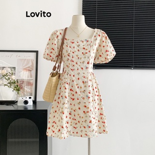 Lovito Lindo Vestido Floral Drapeado Com Manga Bufante Para Mulheres L73AD067