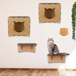 Kit Playground para Gato 4 Peças 2 Nicho Casinha com Carpete Prateleira Circuito Suspenso Parede Mdf