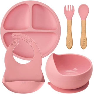 Kit Introdução Papinha Bebê Blw Prato Bowl Talheres Babador Em Silicone Rosa Buba