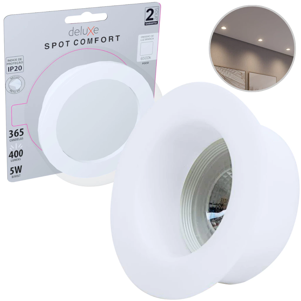 Spot de Led Comfort 6500k Branco Frio 5w Recuado Redondo Embutir 110v/220v Bivolt Branco Cód: 908836134 Deluxe