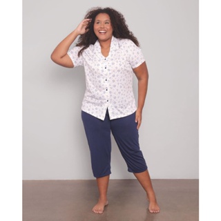 Pijama Feminino Plus Size Pantacourt Estampado Off White