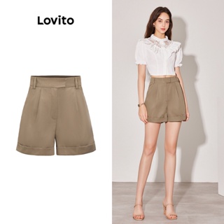 Lovito Shorts com Bolsos e Fivela Frontal para Mulheres L59ED082 (Caqui)