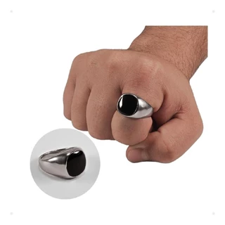 Anel Masculino Quadrado Esmalte Prata Com Pedra Preta
