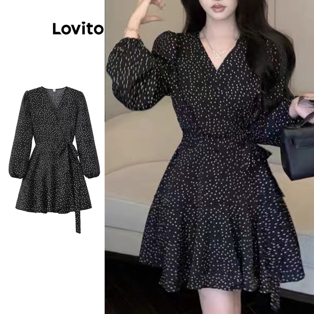 Lovito Vestido Casual De Bolinhas Com Manga Bufante Para Mulheres LNE27238 (Preto)