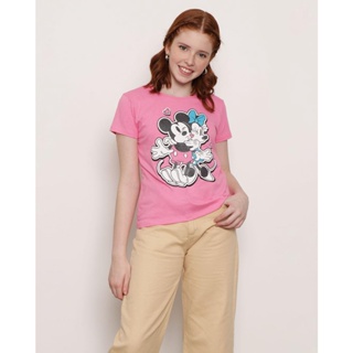 Blusa Juvenil Disney Mickey e Minnie Manga Curta Rosa