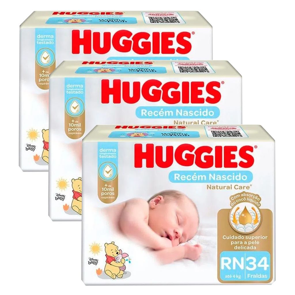 Kit 3 Fraldas Natural Baby Premium Mega Pacotão Xg 34 Un