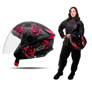 Capacete Moto Aberto Preto Rosa New Liberty Three Flower Fosco Diversos Tamanhos + Capa de Chuva PVC
