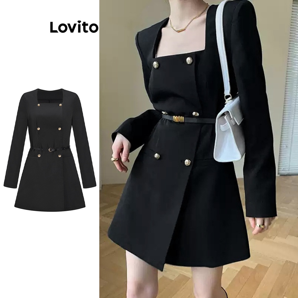 Lovito Elegante Liso Vestido Feminino com Botão Duplo e Gola Quadrada L65ED161 (Preto)