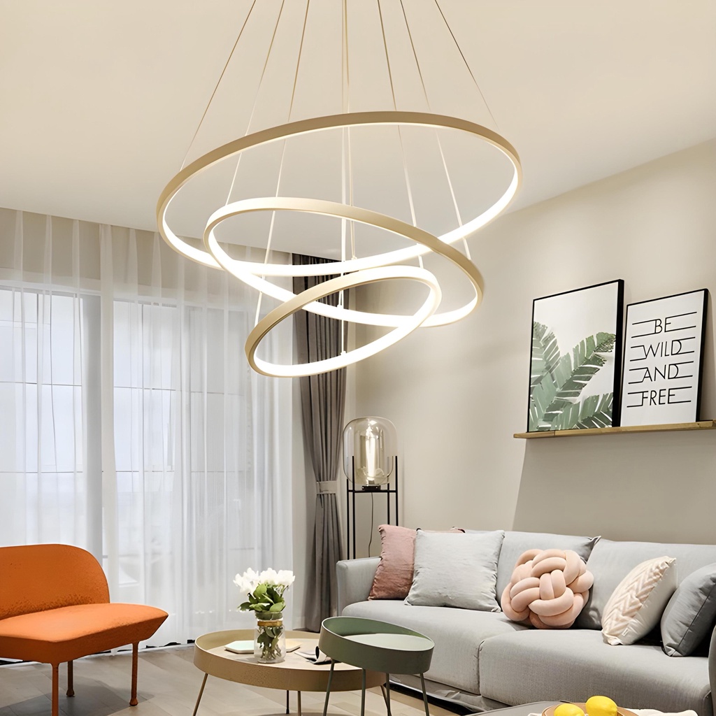 Lustre Pendente de Teto Led Orbital 3 Anéis Saturno Dourado