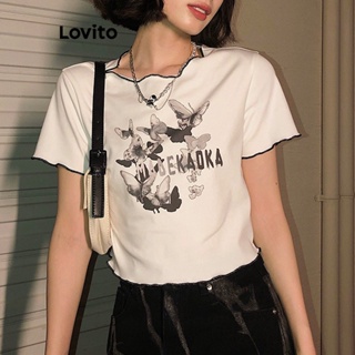 Lovito Camiseta Feminina Casual Com Acabamento Em Alface E Borboleta LNE41256