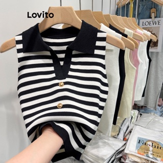 Lovito Top Casual Listrado De Contraste Com Botão Frontal De Malha De Metal Para Mulheres LNE41310